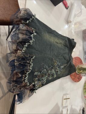 Embroidered Denim Ruffle Skirt size small with Navy /rose gold Tulle Trim.